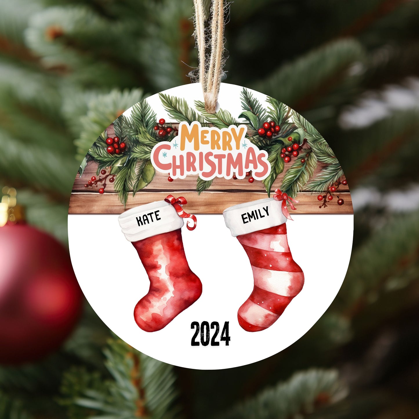 Family Christmas Ornament, 2024 Christmas Ornament, Name Stocking, Family of Five Personalized Christmas, New Family Gift