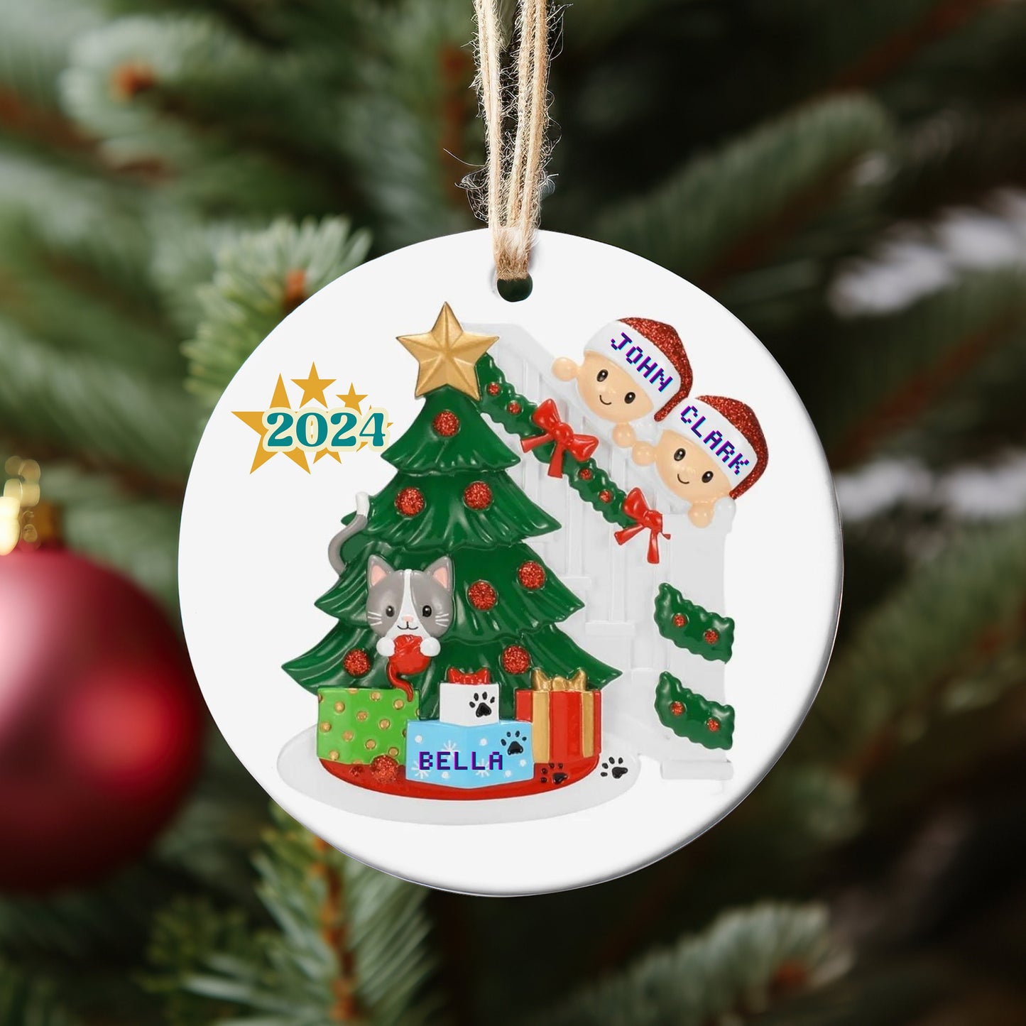 Family of three, Cat in Christmas Tree Ornament, Personalized Holiday Decoration, Custom Pet Family Christmas Ornament, Pets Family With Cat