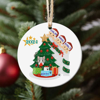 Family of four, Cat in Christmas Tree Ornament, Personalized Holiday Decoration, Custom Pet Family Christmas Ornament, Family With Cat