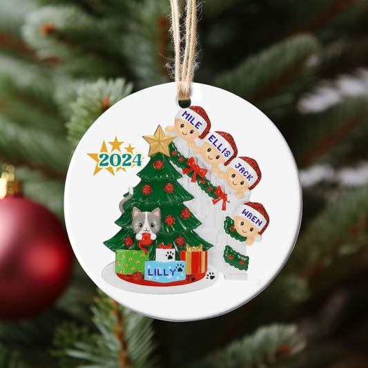 Family of four with cat, Cat in Christmas Tree Ornament, Personalized Holiday Decor, Custom Pet Family Christmas Ornament, Family With Cat