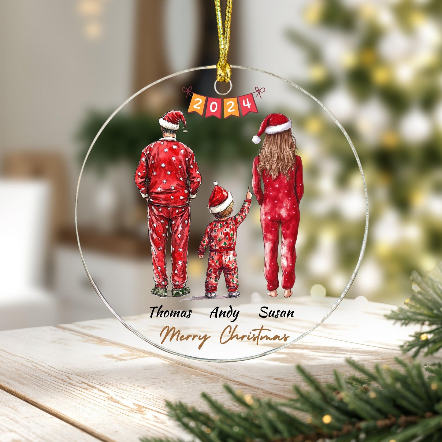 Family Members Pajamas Christmas Ornament, Custom Family Gift, Personalized Holiday Decoration, Tree Ornament, Xmas, Family of 2, 3, 4