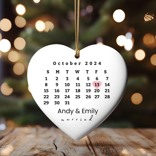 Wedding Gift, Wedding Date ornament, Heart Calendar, Anniversary Gift Ornament, Our First Christmas, Newlywed Gift, Married Ornament