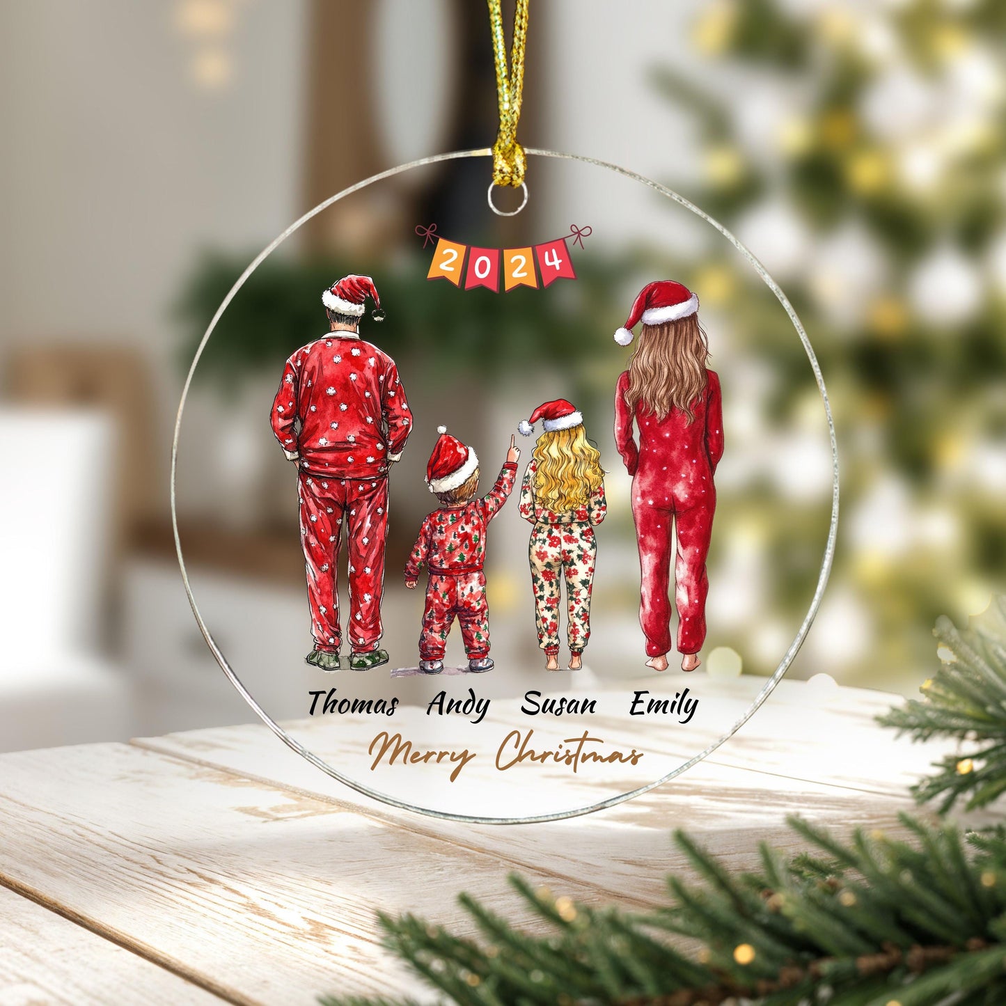 Family Members Pajamas Christmas Ornament, Custom Family Gift, Personalized Holiday Decoration, Tree Ornament, Xmas, Family of 2, 3, 4