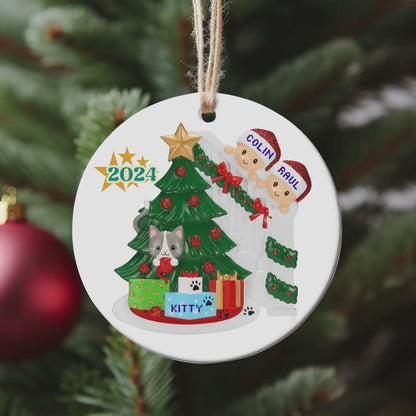 Family of two with cat, Cat in Christmas Tree Ornament, Personalized Holiday Decor, Pet Family Christmas Ornament, Pets Family With Cat