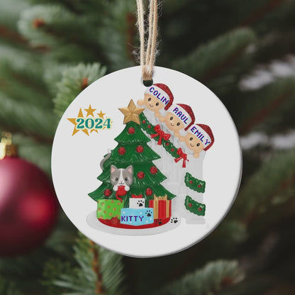 Family of three with cat, Cat in Christmas Tree Ornament, Personalized Holiday Decor, Custom Pet Family Christmas Ornament, Family With Cat