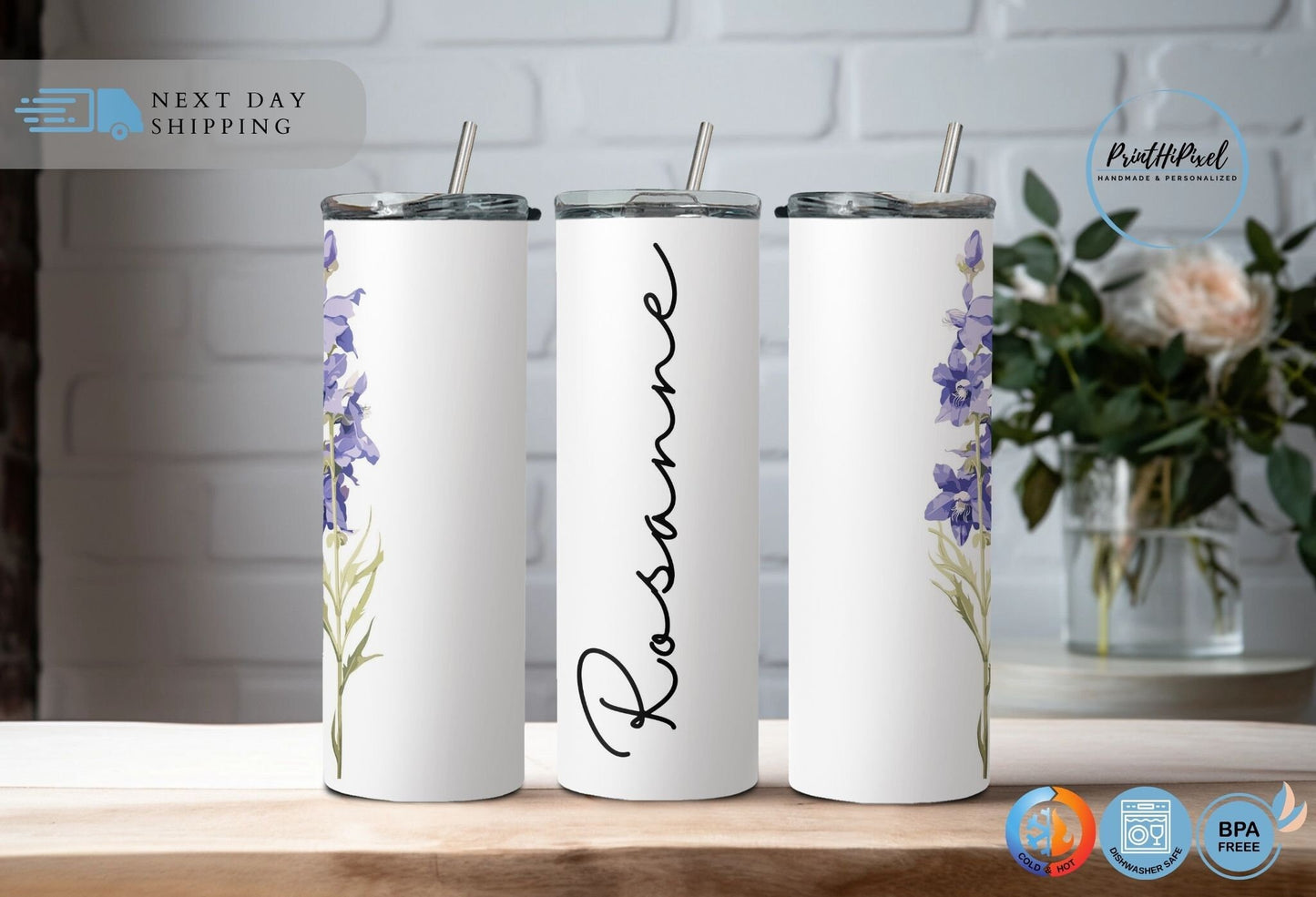 Personalized Name Tumbler with Straw and Lid, Custom Birth Flower Tumbler, Bridesmaid Tumbler, Birthday Tumbler, 20oz Skinny Tumbler