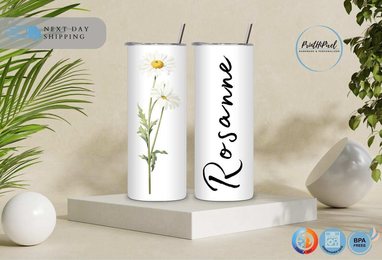 Personalized Name Tumbler with Straw and Lid, Custom Birth Flower Tumbler, Bridesmaid Tumbler, Birthday Tumbler, 20oz Skinny Tumbler