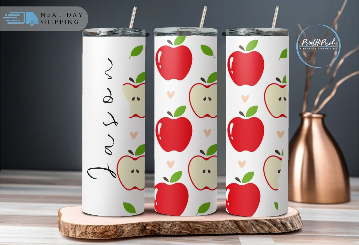 Personalized Name Tumbler with Straw and Lid, Personalized Apple Tumbler, Custom Fruit Tumbler, Retro Apple Gift, Personalized Gift