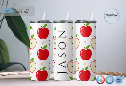 Personalized Name Tumbler with Straw and Lid, Personalized Apple Tumbler, Custom Fruit Tumbler, Retro Apple Gift, Personalized Gift