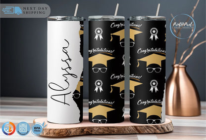 Personalized Name Tumbler with Straw and Lid, Custom Graduation Cap Tumbler, Happy Graduation Tumbler, Graduation Party, Graduation Gift