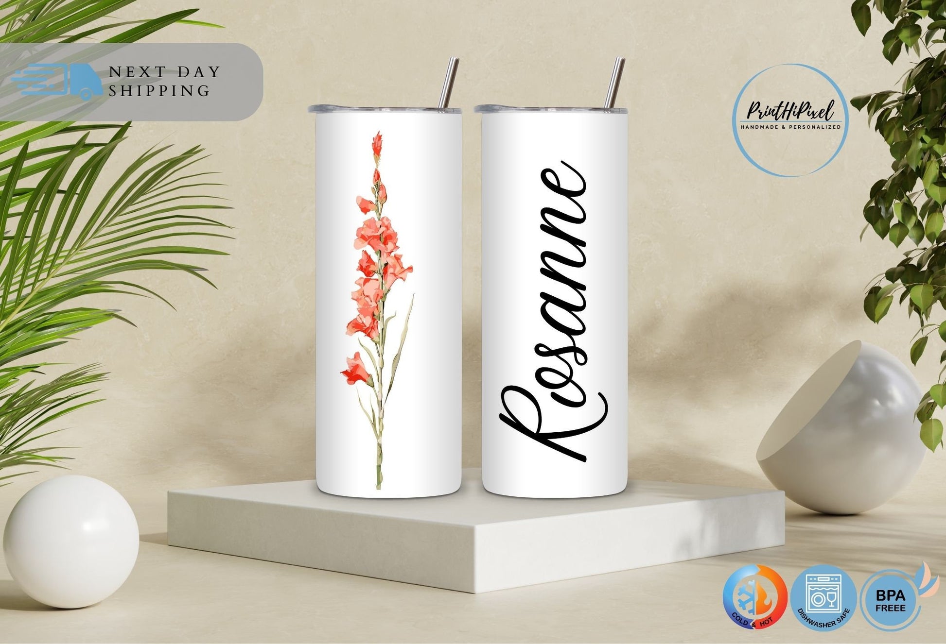 Personalized Name Tumbler with Straw and Lid, Custom Birth Flower Tumbler, Bridesmaid Tumbler, Birthday Tumbler, 20oz Skinny Tumbler