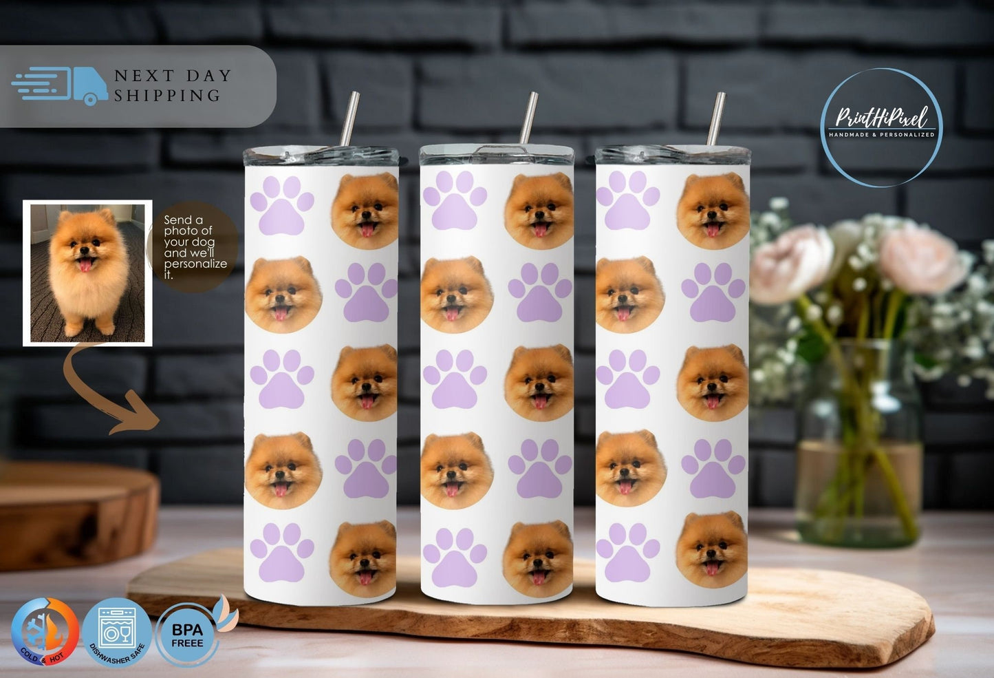 Personalized Dog Photo Tumbler with Straw, Custom Pet Photo Tumbler, Pet Portrait Tumbler, Dog Mom, Custom Dog Gift, gifts for dog lovers