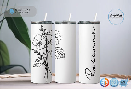 Personalized  Birth Flower Name Tumbler with Straw, Name Tumbler Custom Birth Flower Tumbler, Bridesmaid Tumbler, Birthday Tumbler,