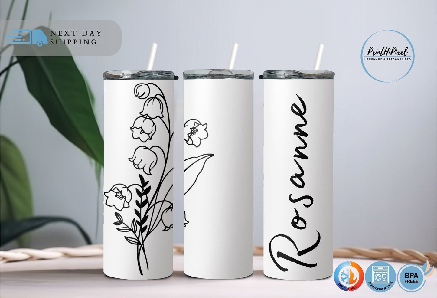 Personalized  Birth Flower Name Tumbler with Straw, Name Tumbler Custom Birth Flower Tumbler, Bridesmaid Tumbler, Birthday Tumbler,