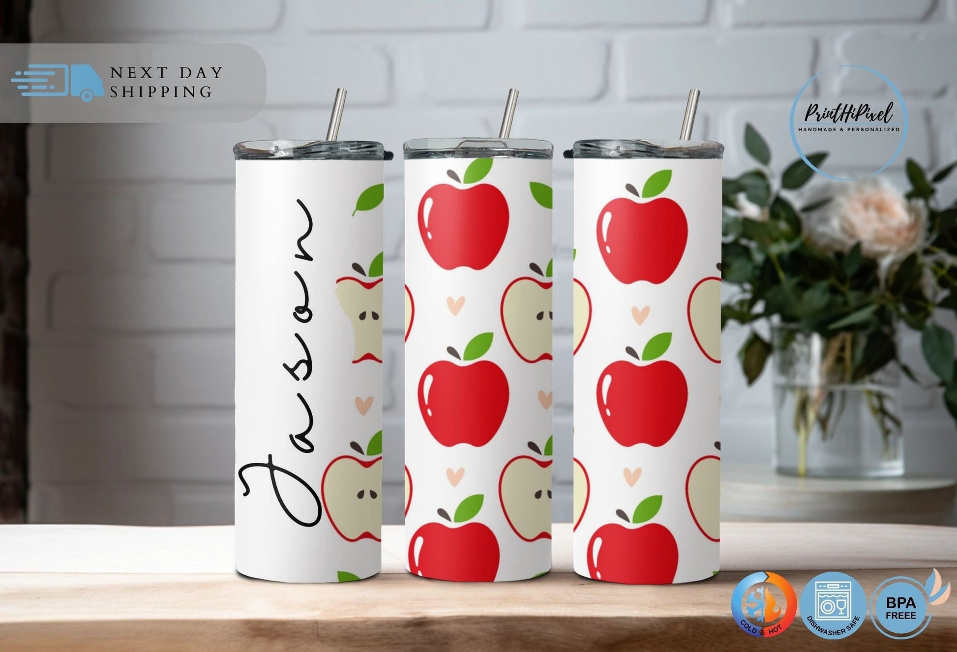 Personalized Name Tumbler with Straw and Lid, Personalized Apple Tumbler, Custom Fruit Tumbler, Retro Apple Gift, Personalized Gift