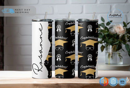 Personalized Name Tumbler with Straw and Lid, Custom Graduation Cap Tumbler, Happy Graduation Tumbler, Graduation Party, Graduation Gift