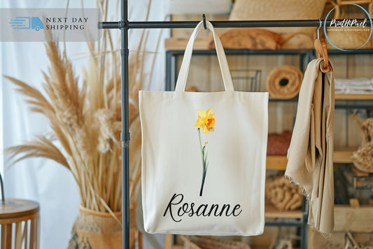 Personalized Name Canvas Tote Bags, Custom Birth Month Flower Tote Bag, Floral Tote Bag, Tote Bag Aesthetic, Shoulder Bag, Birth Flower Gift