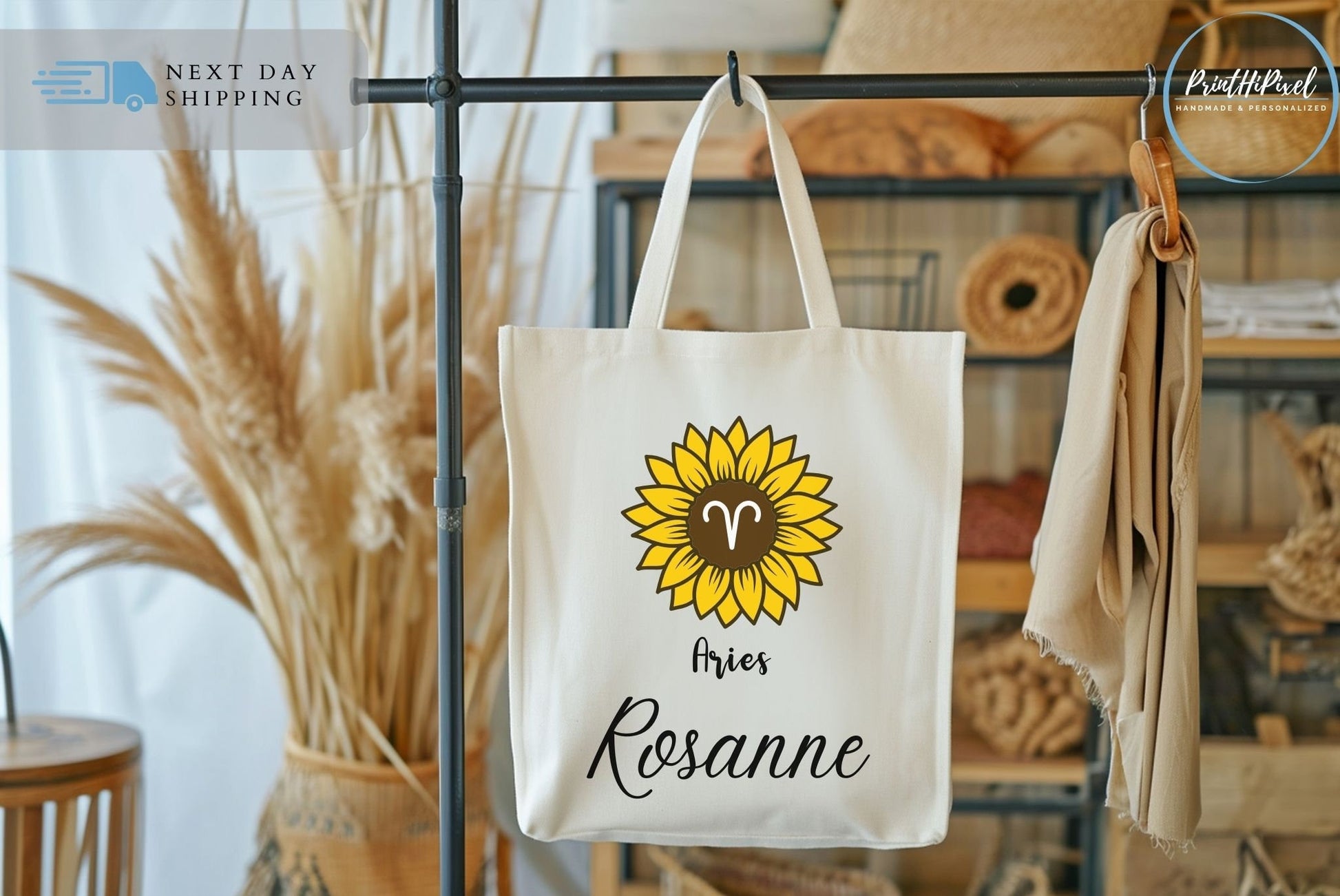 Personalized Name Canvas Tote Bags, Custom Zodiac Sign Tote Bag, Floral Tote Bag, Zodiac Tote, Tote Bag Aesthetic, Shoulder Bag, Aries Gifts