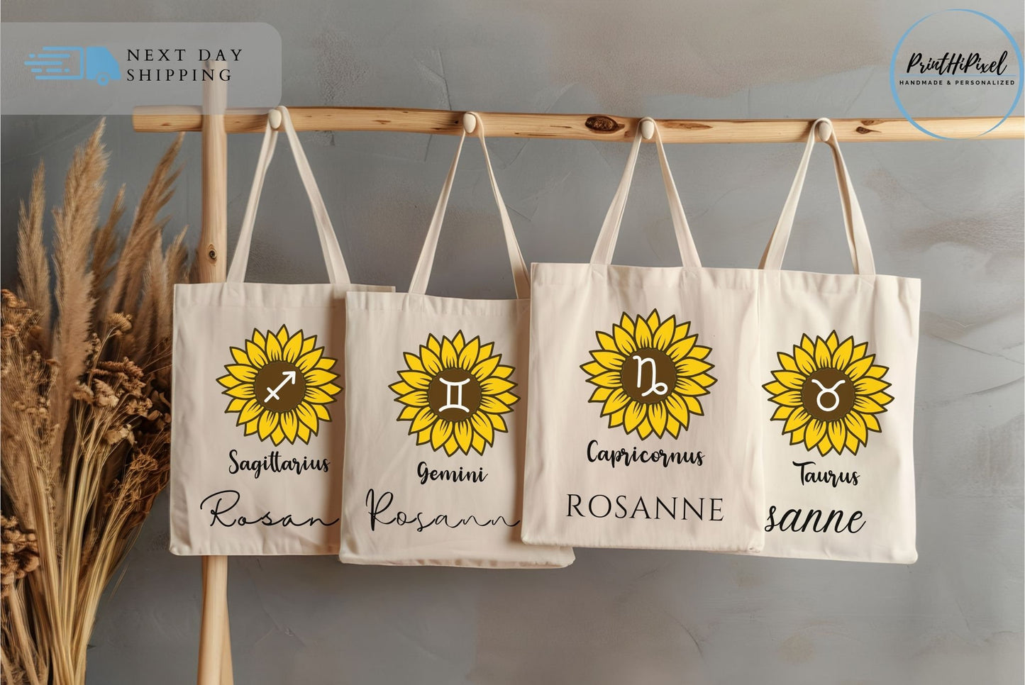 Personalized Name Canvas Tote Bags, Custom Zodiac Sign Tote Bag, Floral Tote Bag, Zodiac Tote, Tote Bag Aesthetic, Shoulder Bag, Aries Gifts