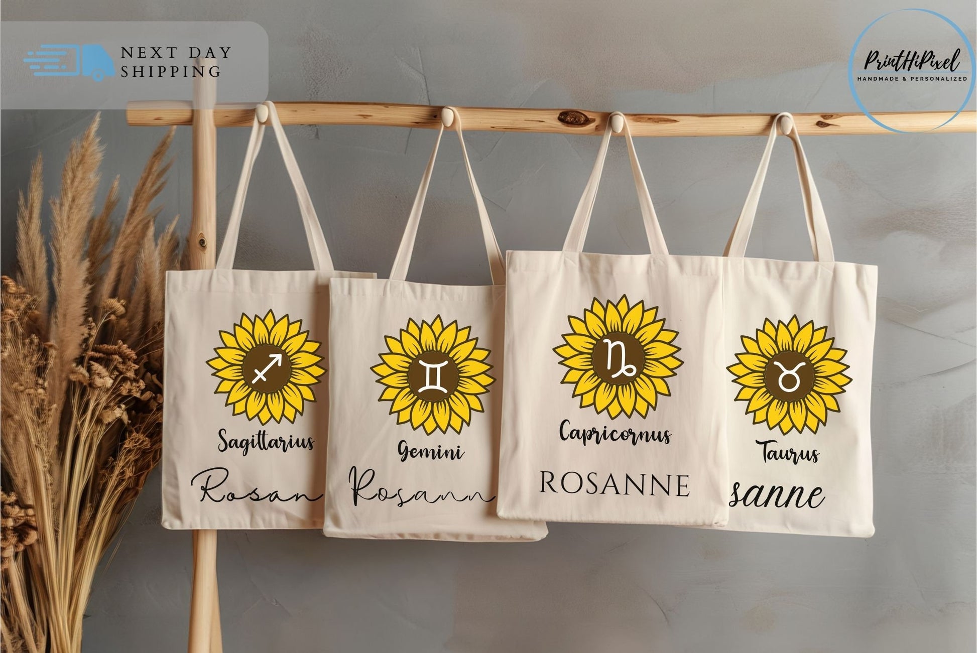 Personalized Name Canvas Tote Bags, Custom Zodiac Sign Tote Bag, Floral Tote Bag, Zodiac Tote, Tote Bag Aesthetic, Shoulder Bag, Aries Gifts